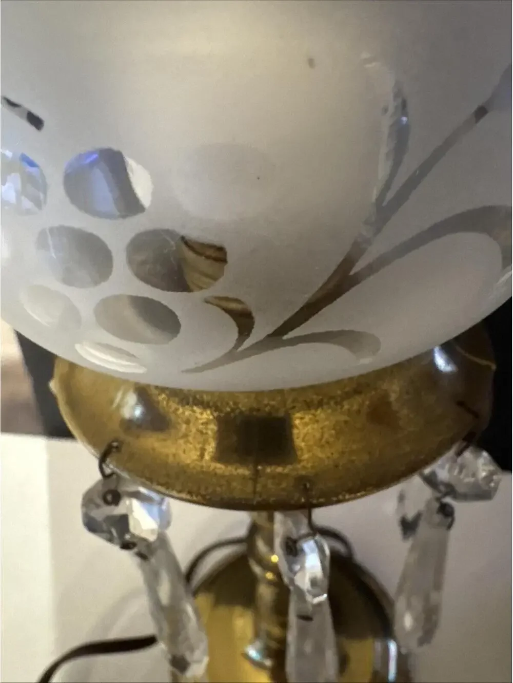 VTG MCM Pair of Electrified Boudoir Brass Hurricane Lamps With Hanging Crystals
